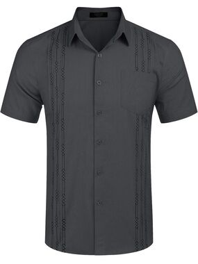 Men's Short-Sleeve Embroidered Guayabera Shirt - Charcoal